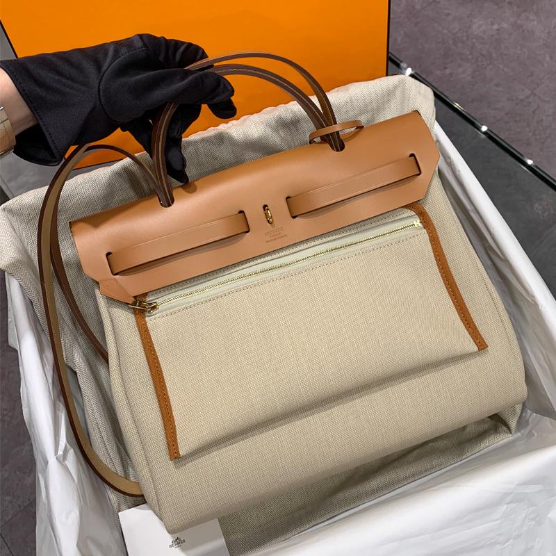 HERMES Herbag 31 Shoulder Tote Bag Beton Canvas Gold Hardware