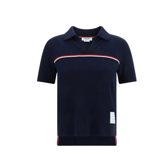 THOM BROWNE Navy Vertical Trim Short Sleeve Polo Shirt Women