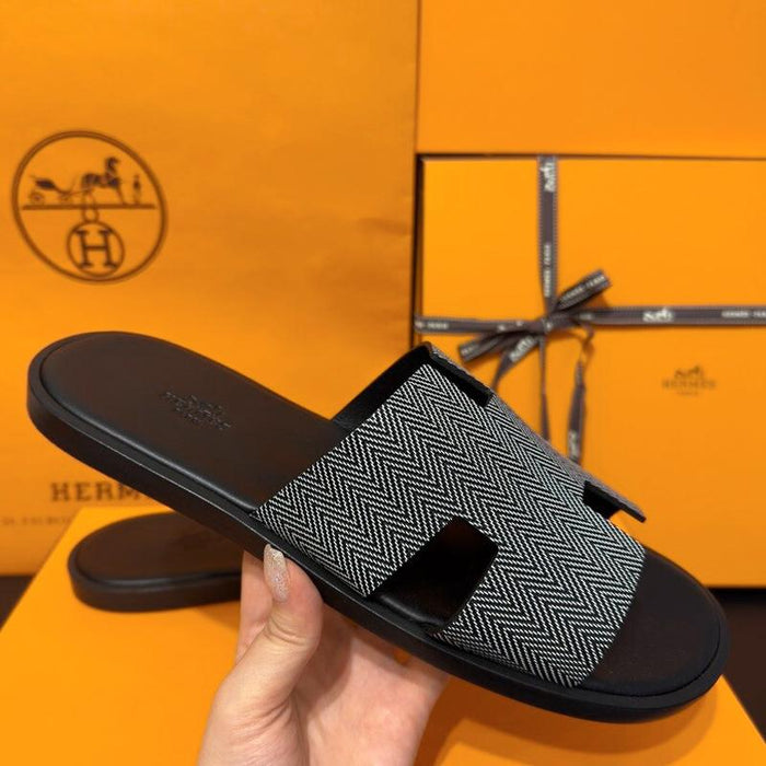 HERMES Izmir Chevron Calfskin Black Sandals for Men