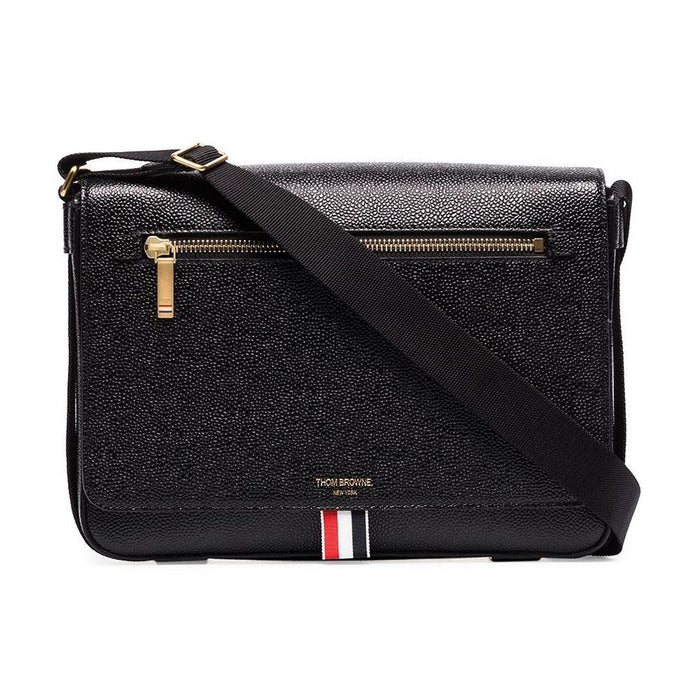 THOM BROWNE Pebble Leather Tricolor Stripe Crossbody Bag Black