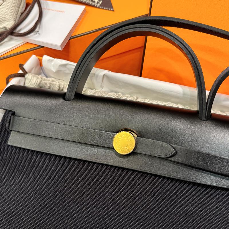 HERMES Black Canvas Herbag Shoulder Tote Gold-Tone Hardware Tote Bag 31