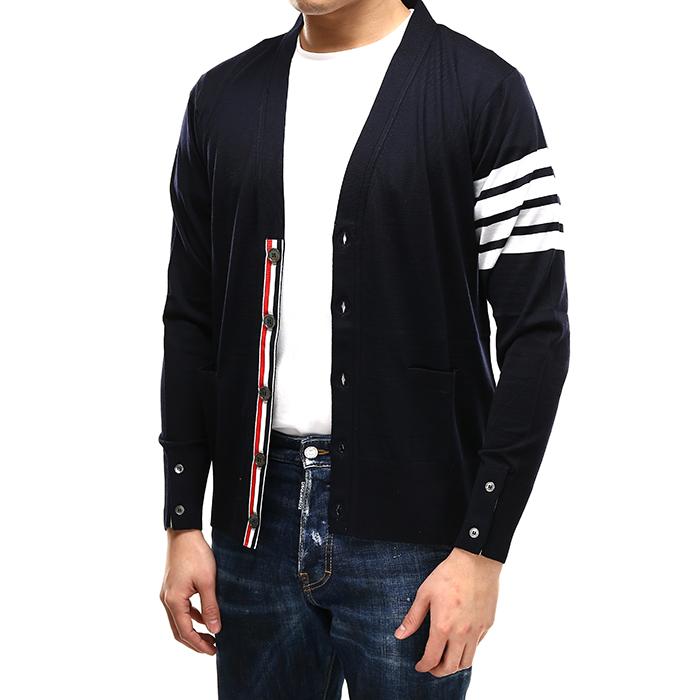 THOM BROWNE Classic Merino Wool Diagonal Stripe Cardigan Navy Men