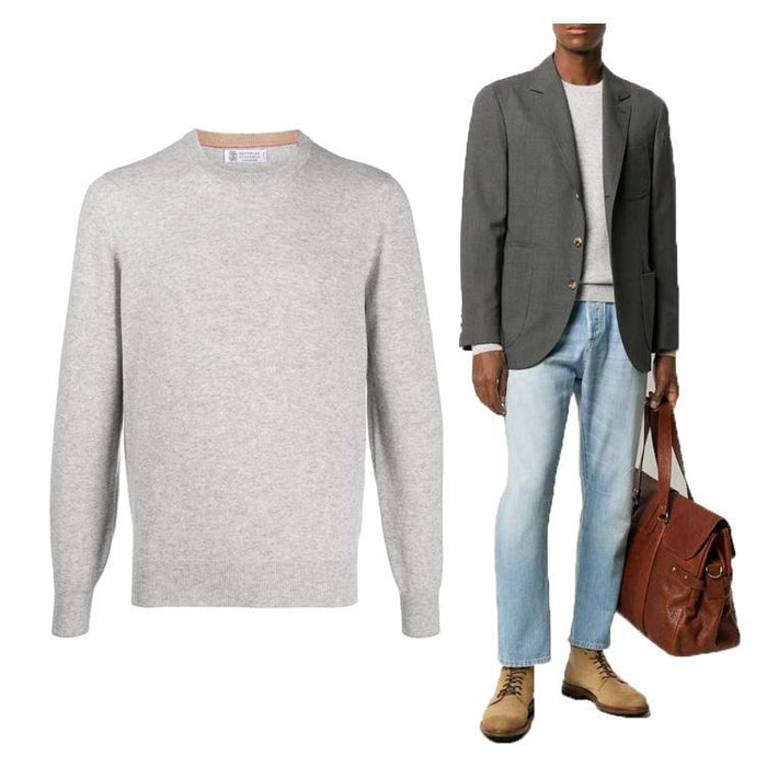 Brunello Cucinelli Cashmere Grey Crewneck Knit Sweater