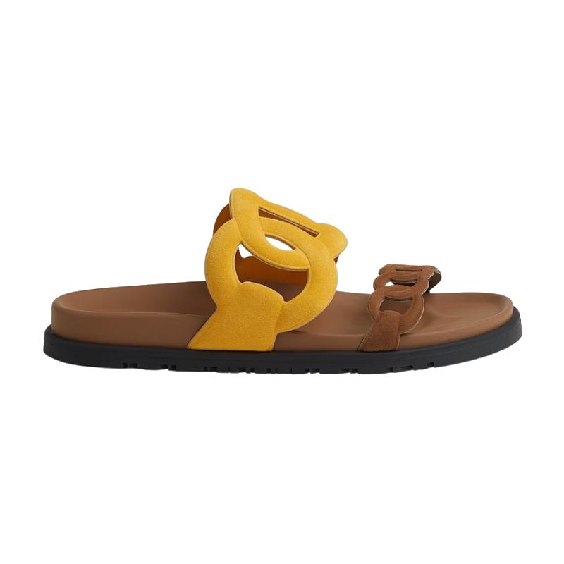 HERMES Extra Sandals Suede Goatskin Topaz Gold Brown Slippers