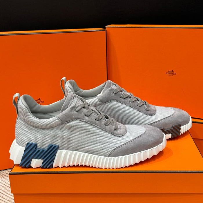 HERMES Light Gray Mesh Navy Black Two-Tone Low-Top Sneakers