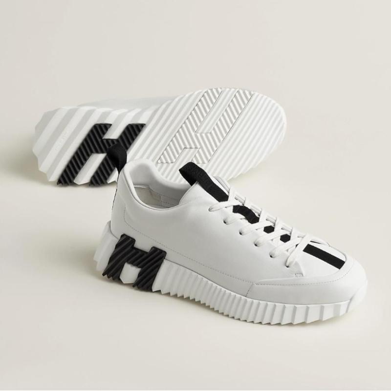 HERMES Men’s Jump Sneakers Calfskin H Two-Tone White Black Low-Top