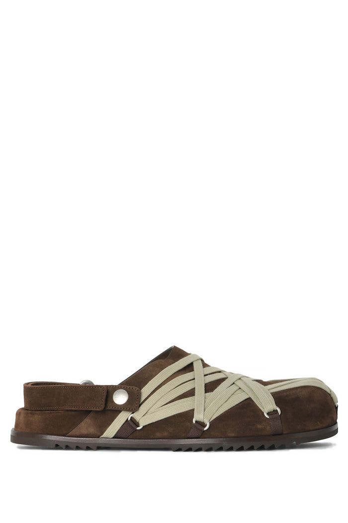 Rick Owens Granola Brown Suede Mega Lace Mule Sandals