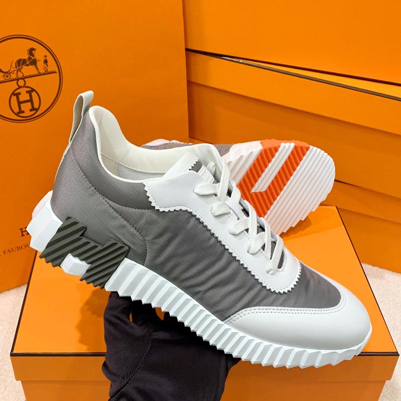 HERMES Men’s Bouncing Ripstop Fabric Calfskin Khaki Gray H Two-Tone Low-Top Snea