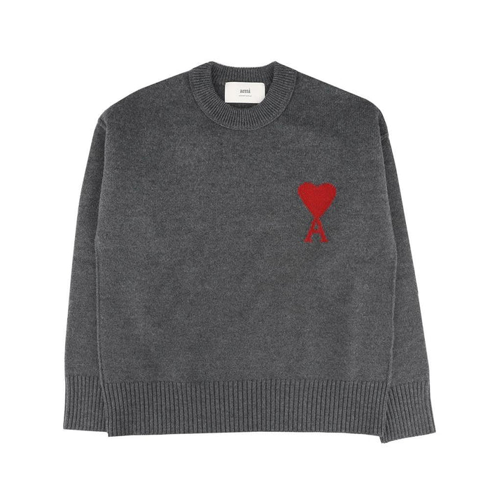 AMI Heather Gray Red Wool De Coeur Crewneck Sweater Men
