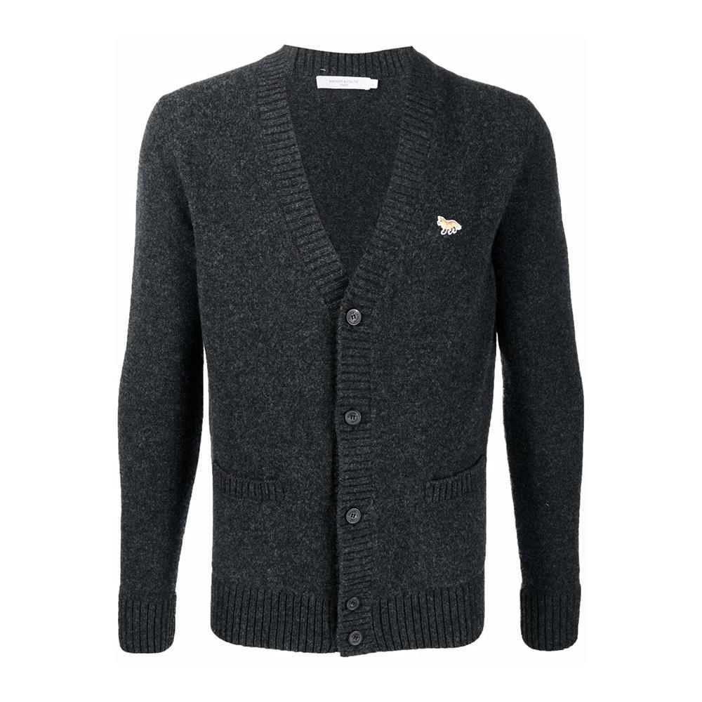 Maison Kitsune Baby Fox Patch Gray Wool Cardigan for Men HM00501 KT1006 H170