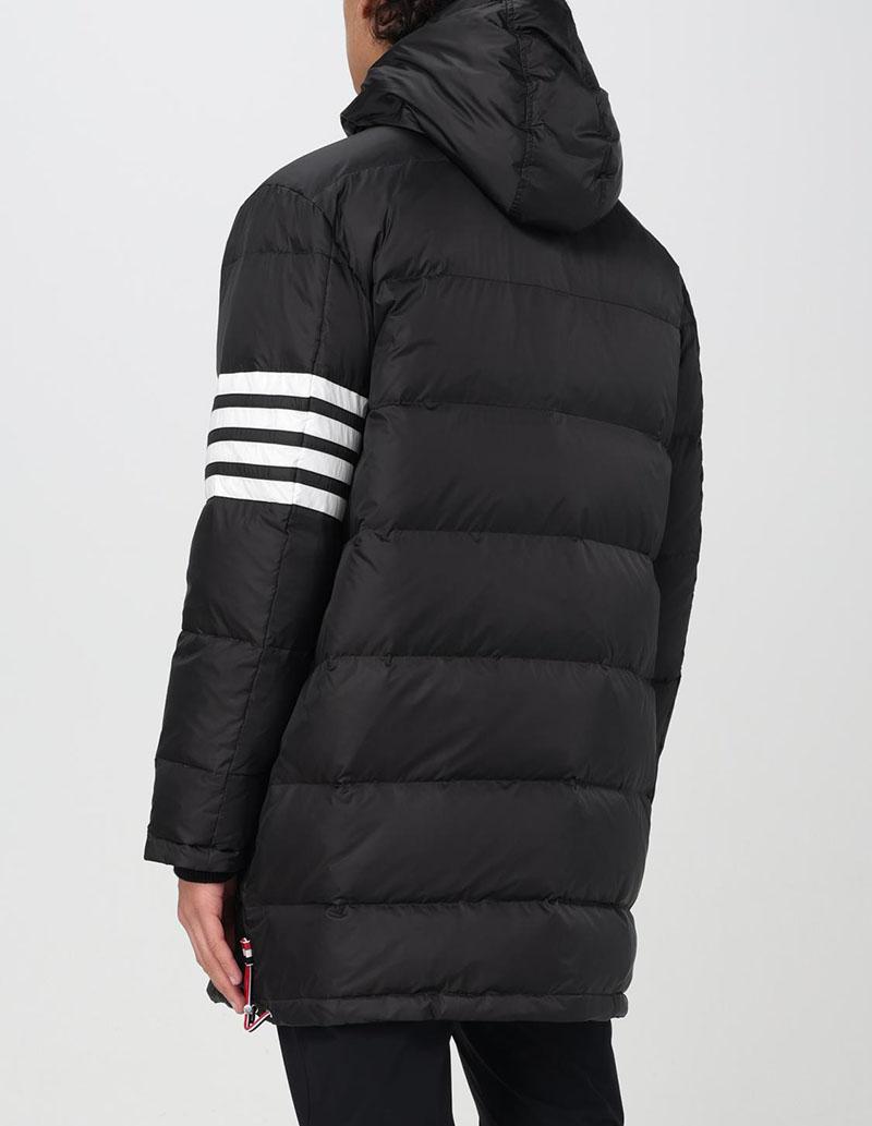 THOM BROWNE Black Down Hooded Long Puffer Coat with Stripes