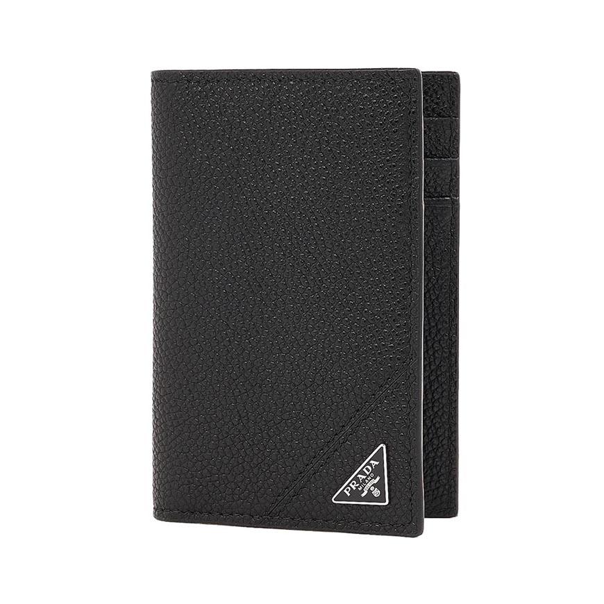 PRADA Vitello Leather Triangle Logo Card Holder Black