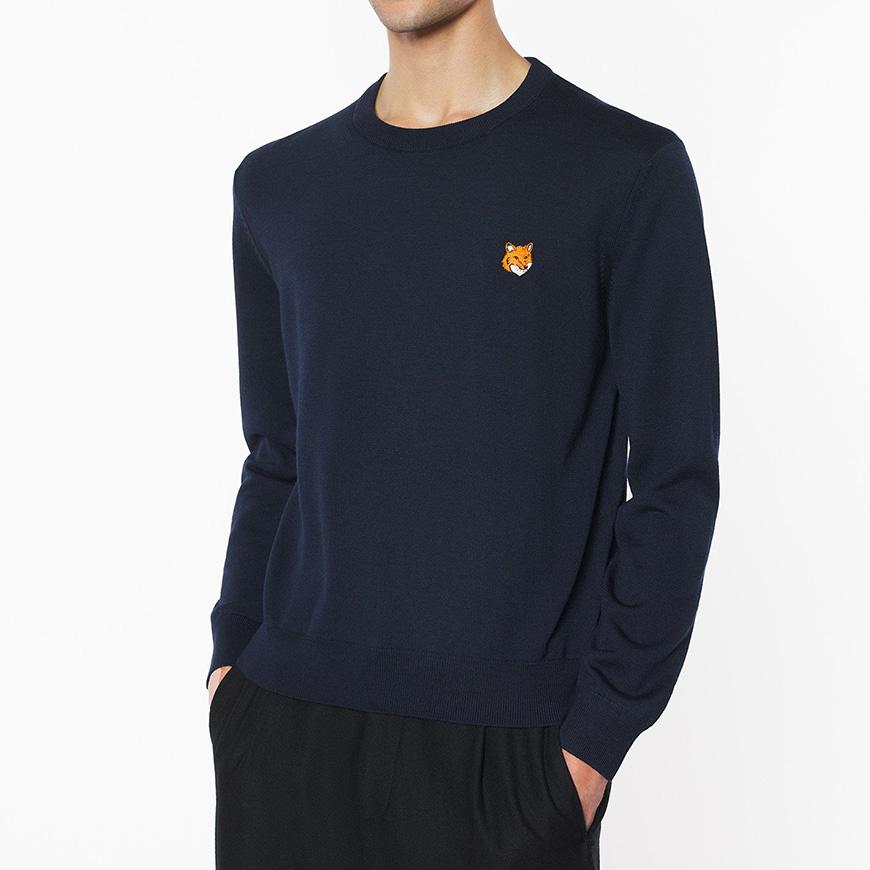 Maison Kitsune Fox Head Merino Wool Crewneck Sweater Men Nav PM00801 KT1181 0413