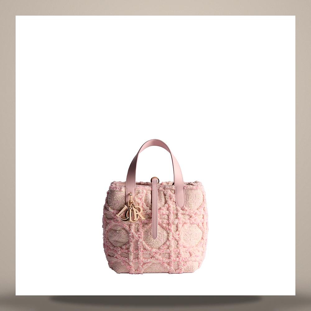 DIOR Pale Pink Latte Fluffy Cannage Fabric Small Vertical Tote Bag