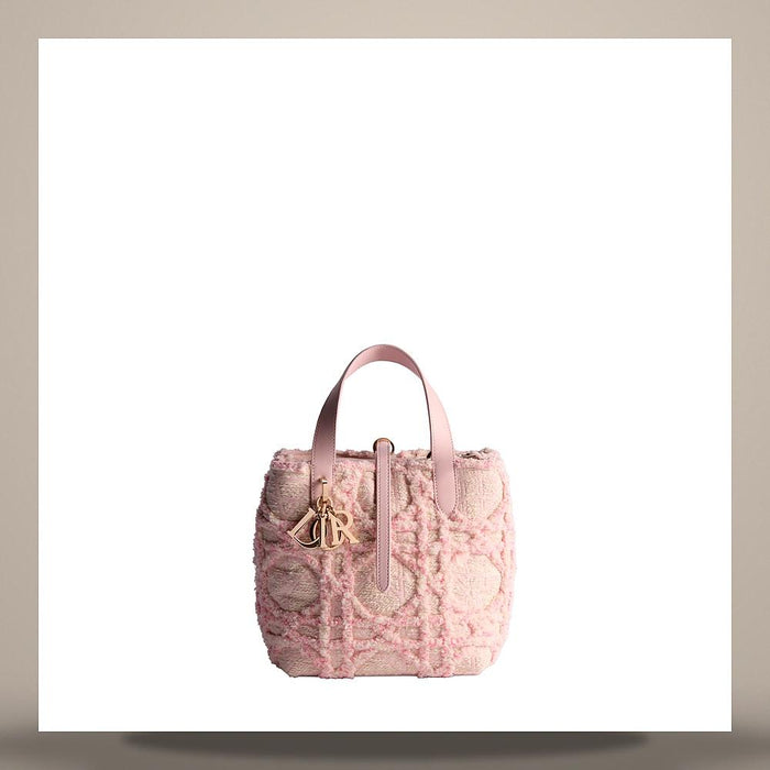 DIOR Pale Pink Latte Fluffy Cannage Fabric Small Vertical Tote Bag