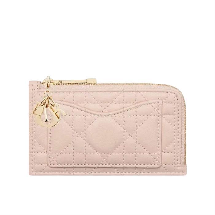 DIOR Lady Cosmos Zip Card Holder Wallet Navy Leather