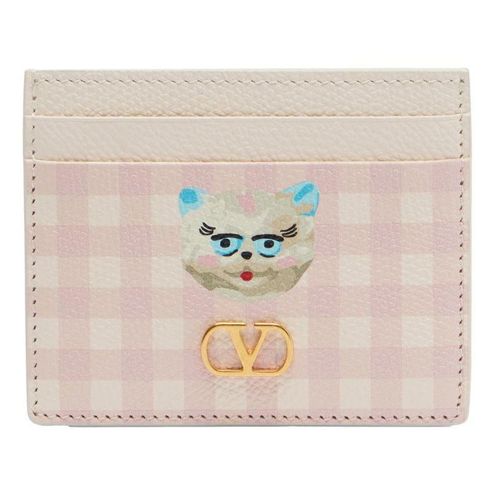 VALENTINO V Logo Leather Card Holder Wallet Pink