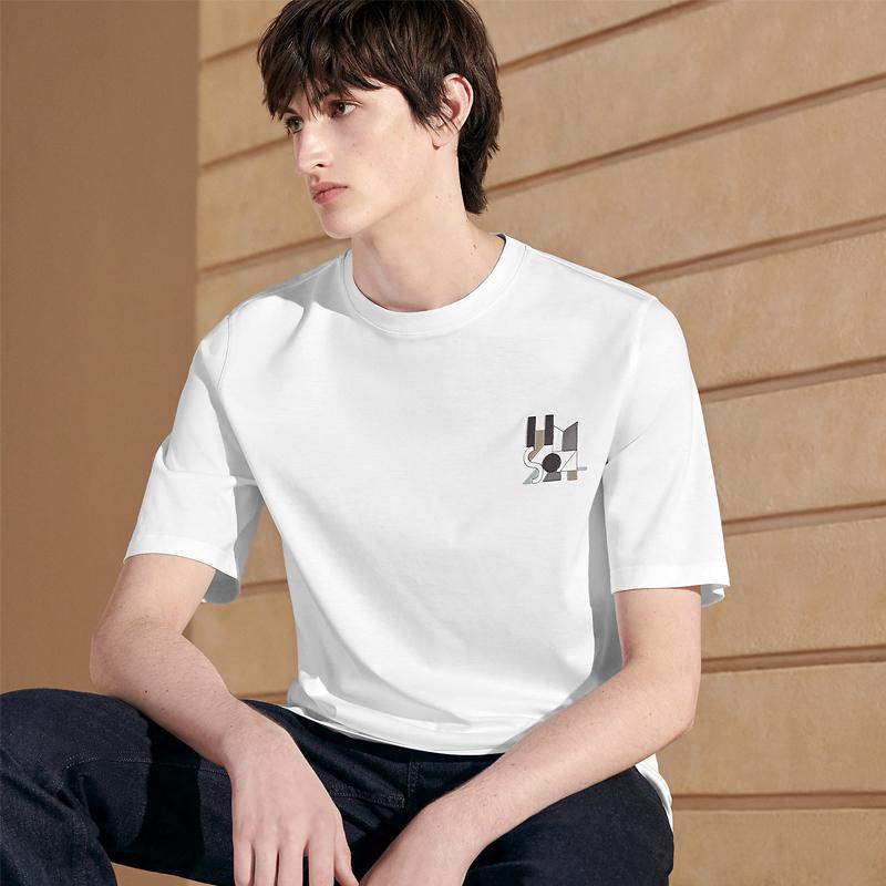 HERMES Cotton Crewneck T-Shirt with Lambskin Leather Patch White