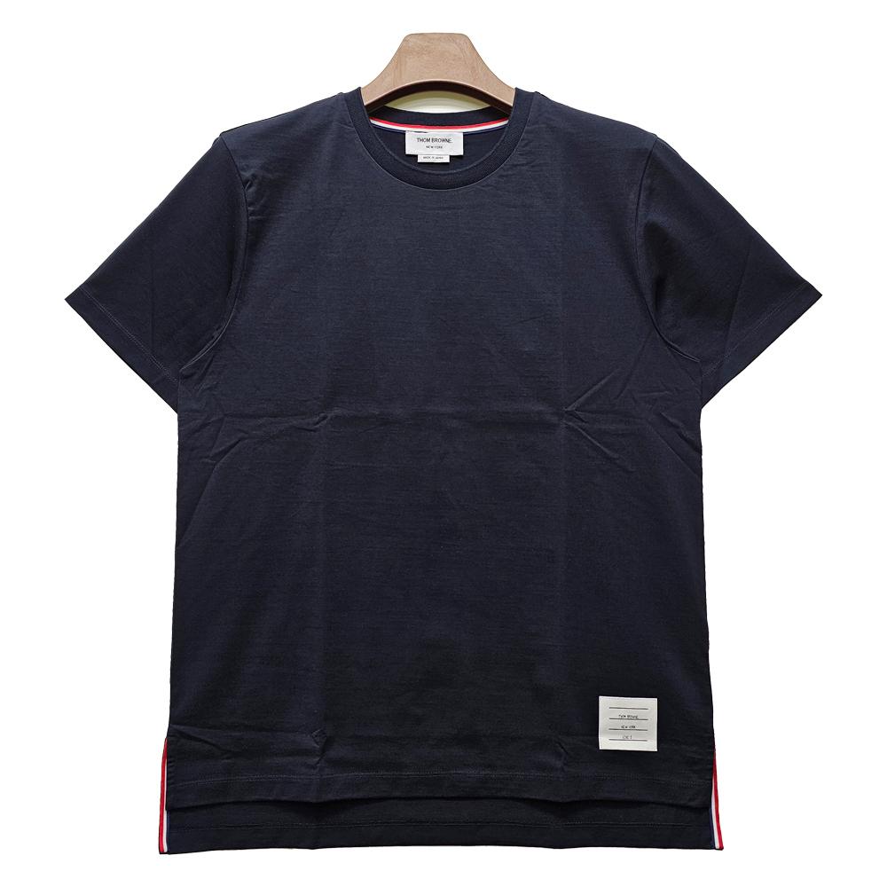 THOM BROWNE Side Slit Relaxed Fit Short Sleeve T-Shirt Navy Cotton