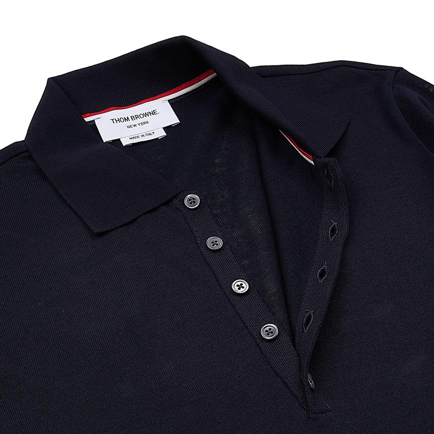 THOM BROWNE Lightweight Short Sleeve Polo T-Shirt Navy Cotton