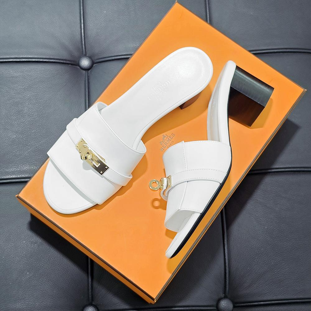 HERMES Kelly Buckle Jiji Mule Sandals White Gold-Tone Hardware