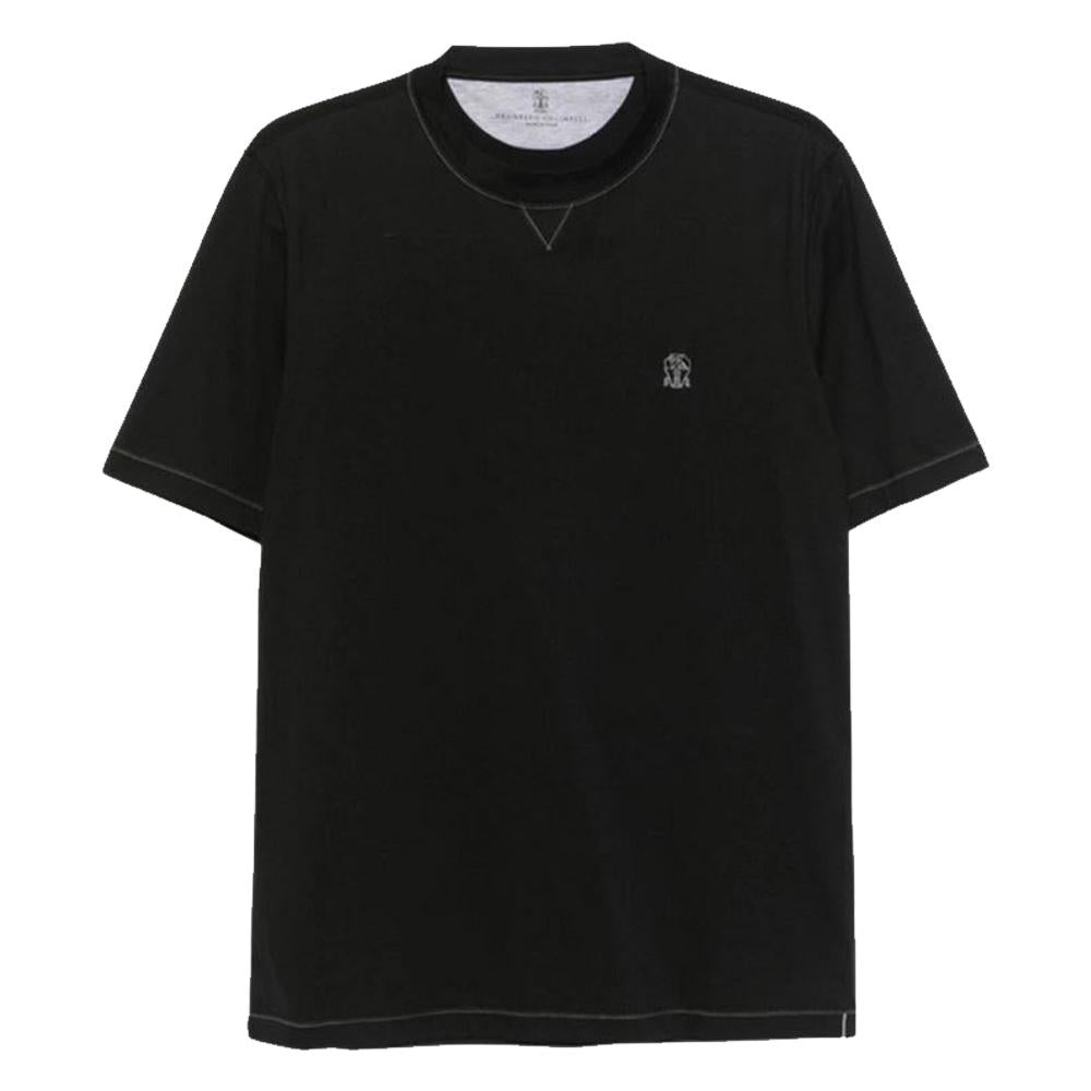 Brunello Cucinelli Logo Cotton Jersey Crewneck T-Shirt Navy Blue