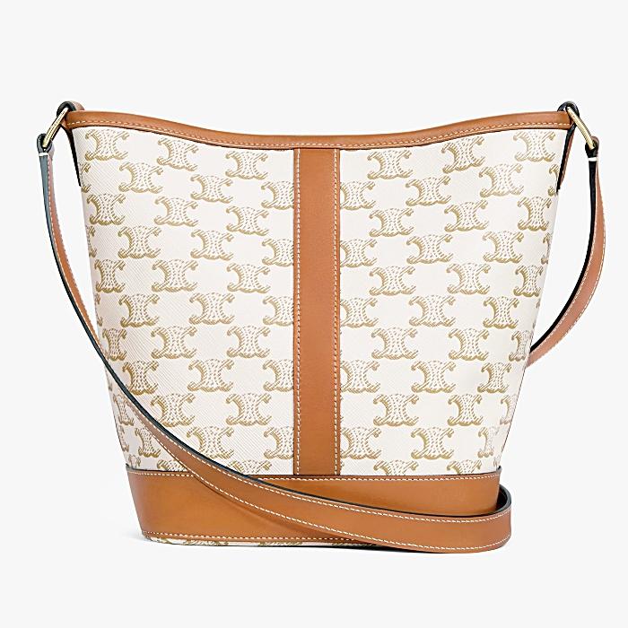 CELINE Small Bucket Bag Triomphe Canvas Calfskin Shoulder Bag White