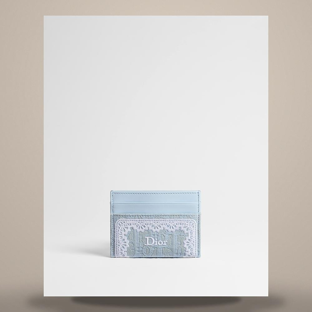 DIOR Oblique Frisia Card Holder Blue Celeste White Lace Embroidery