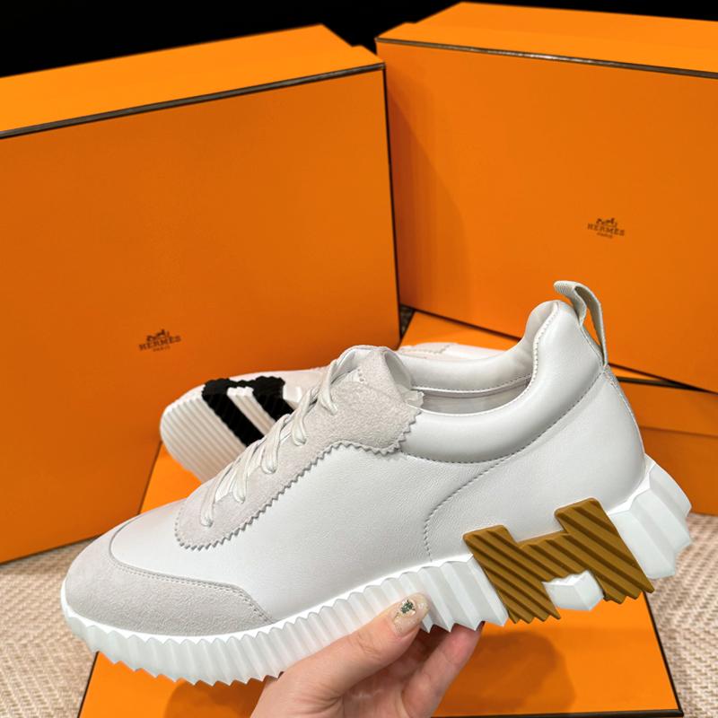 HERMES Men’s Bouncing White Leather H Brown/Black Two-Tone Low-Top Sneakers