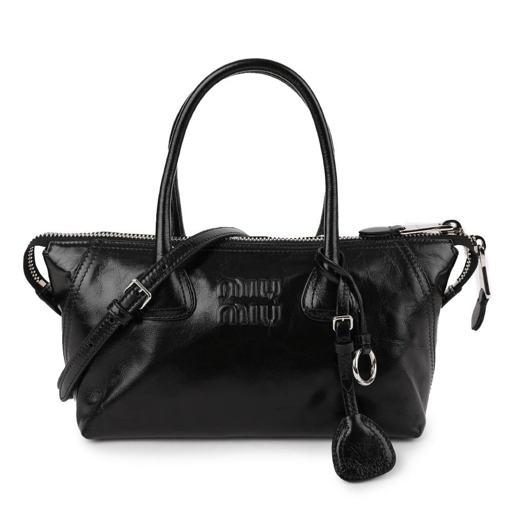 Miu Miu Glossy Leather Tote Handbag Black 5BA338 2A44 F0002