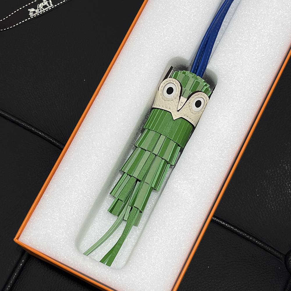 HERMES Green Ivory Owl Chouette Charm Keyring Unisex Accessory