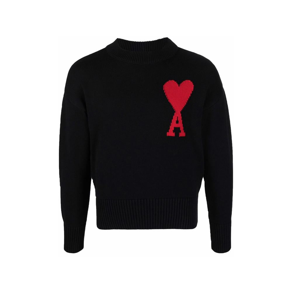 AMI Black Big Heart Logo Embroidered Round Neck Knit Sweater