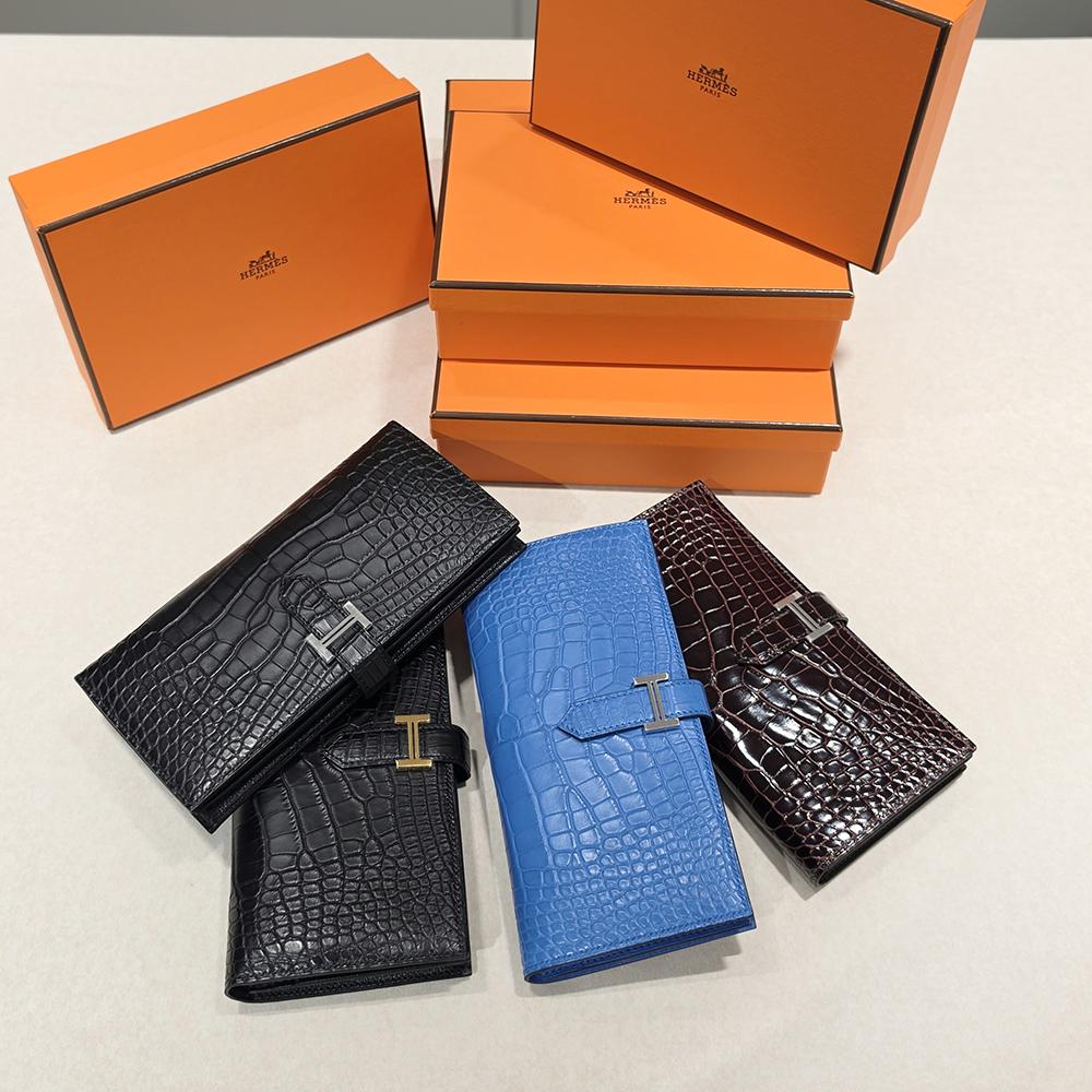 HERMES Blue Matte Alligator Bearn Long Wallet Gold Hardware Unisex