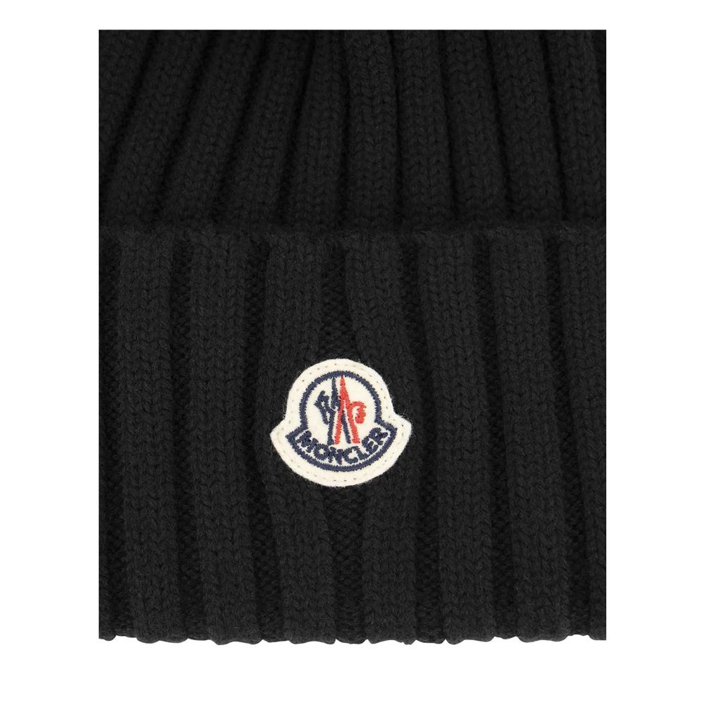 Moncler Black Logo Patch Pom Pom Beanie 3B000 13 A9327 999