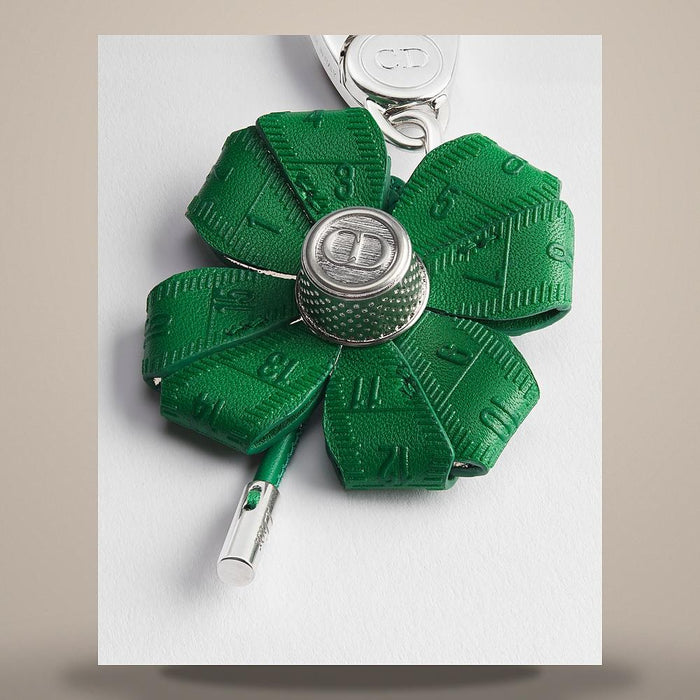 DIOR Clover Keyring Bright Green Smooth Calfskin Antique Silver Brass