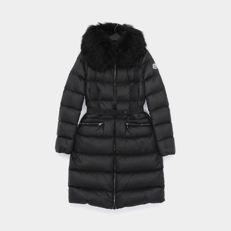 Moncler Belted Hooded Fur Trim Long Down Coat with Patc 1C00022 595FE 999 BOEDIC