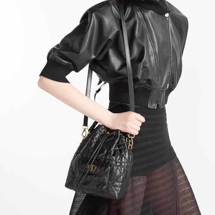 DIOR Caro Small Bucket Bag Black Leather Shoulder Bag M3372UNOZ M900