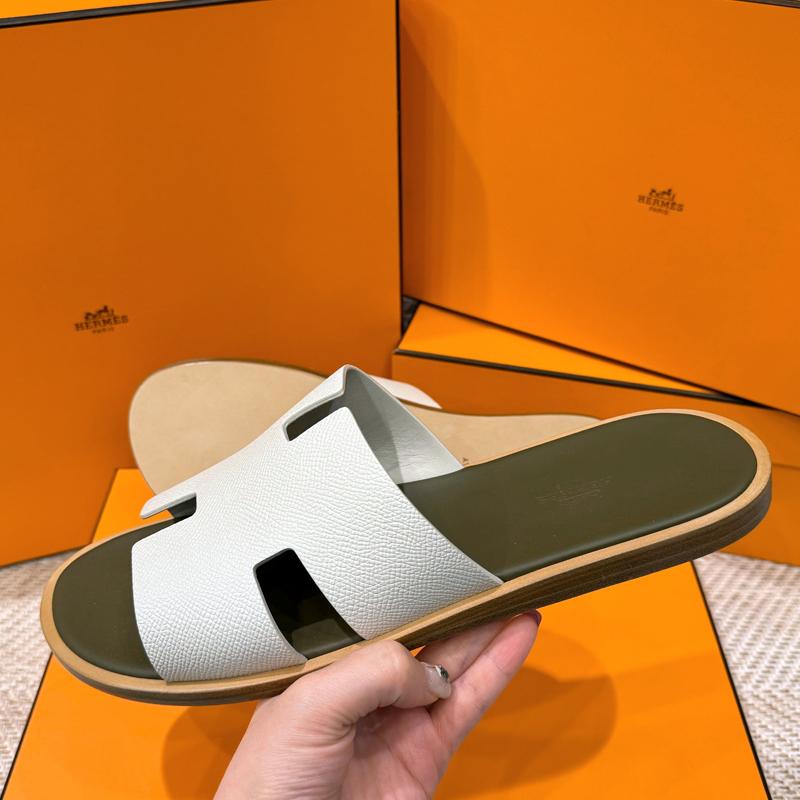 HERMES Izmir Sandals Epsom Calfskin Khaki Beige Men's Slippers