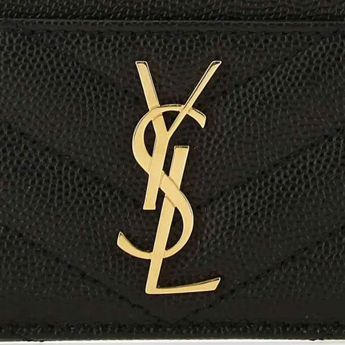 Saint Laurent Cassandra Gold Matelassé Grain de Poudre Card Holder Black