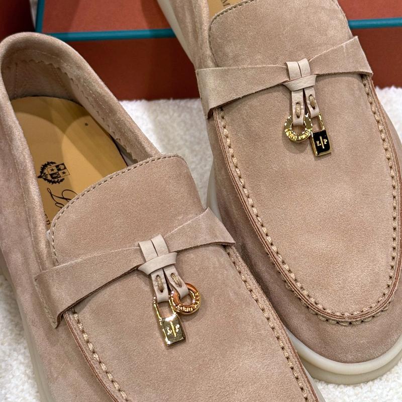 Loro Piana Suede Summer Charms Walk Loafers Sand Brown Gold-tone