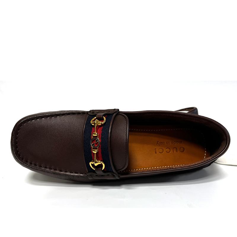GUCCI Web Driving Loafers Dark Brown Leather Unisex 624698 1XH10