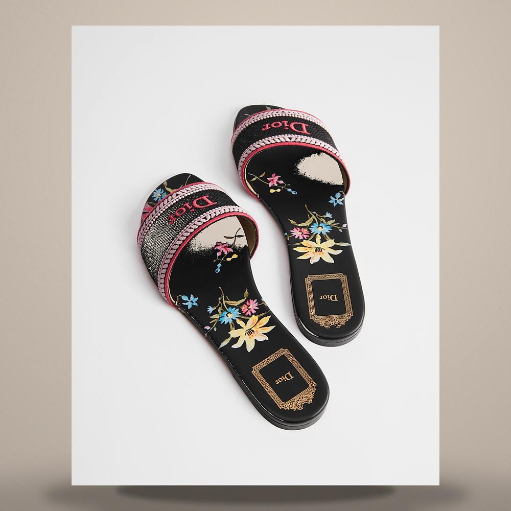 DIOR Dway Slide Black Embroidered Cotton Multicolor Secret Garden KCO610SRG S36X