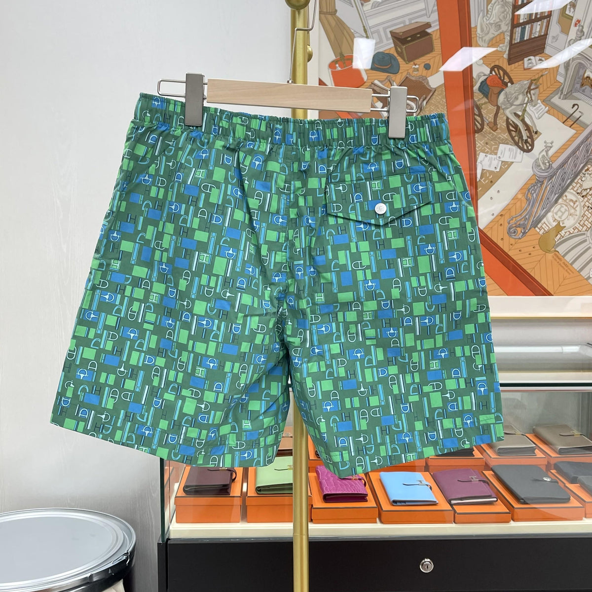 HERMES Metal au Carre Swim Trunks Green Blue