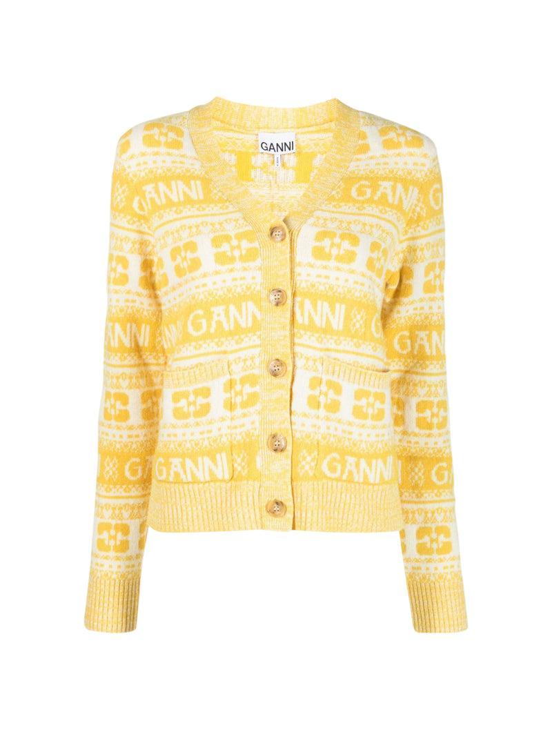 GANNI Women’s Logo Wool V-Neck Cardigan Yellow