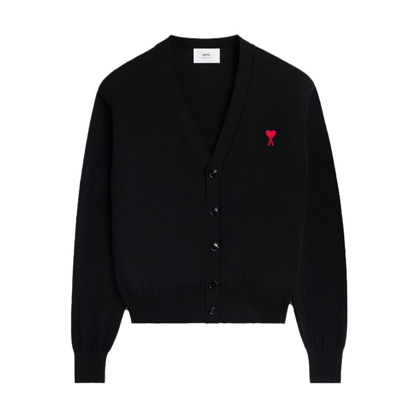 AMI Heart Logo Merino Wool Cardigan Black BFHKC111 KN0025