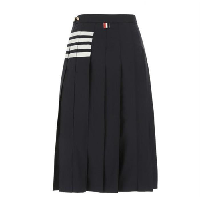 THOM BROWNE Wool Pleated Midi Skirt Navy