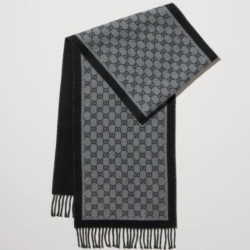 GUCCI GG Wool Jacquard Scarf Muffler Black Gray