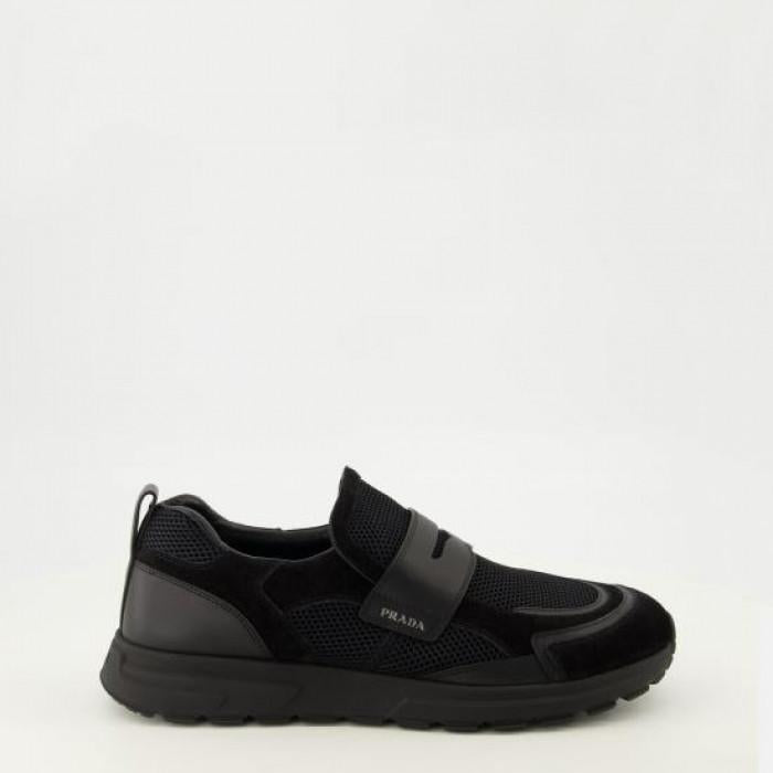 PRADA Prax Black Mesh Leather Men's Low Top Sneakers