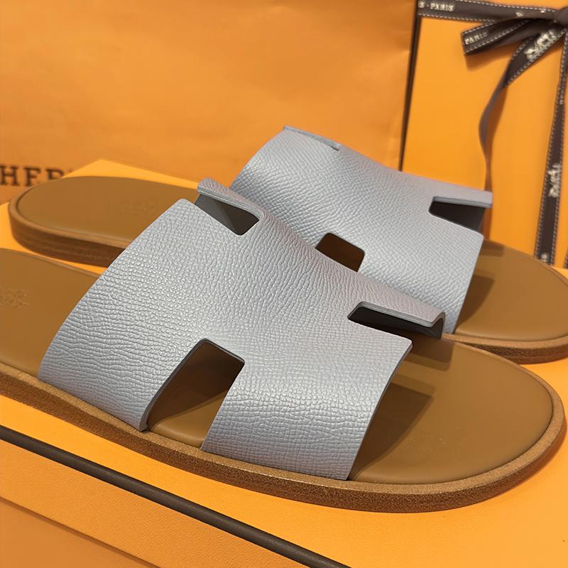 HERMES Izmir Calfskin Sky Blue Brown Two-Tone Men's Sandals