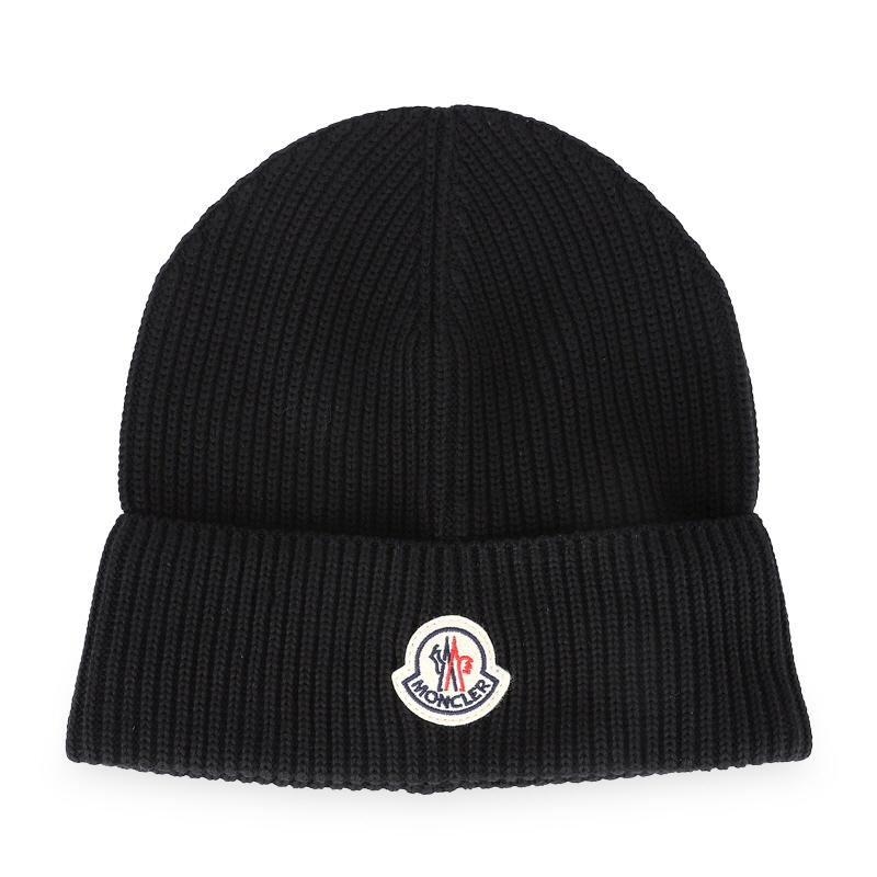 Moncler Unisex Cotton Beanie Black Logo Patch 3B00022 M1367 999